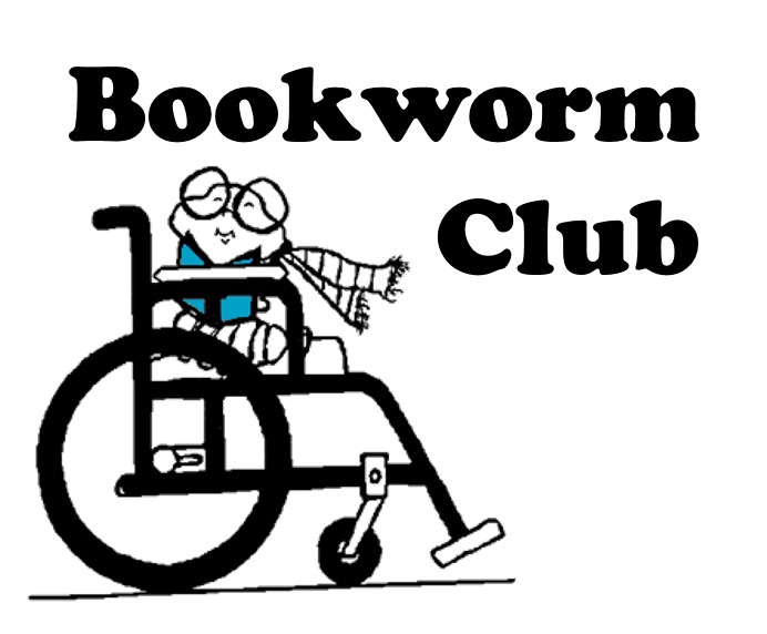 Hand drawn logo for bookclub including cute worm wearing glasses and scarf in a wheelchair