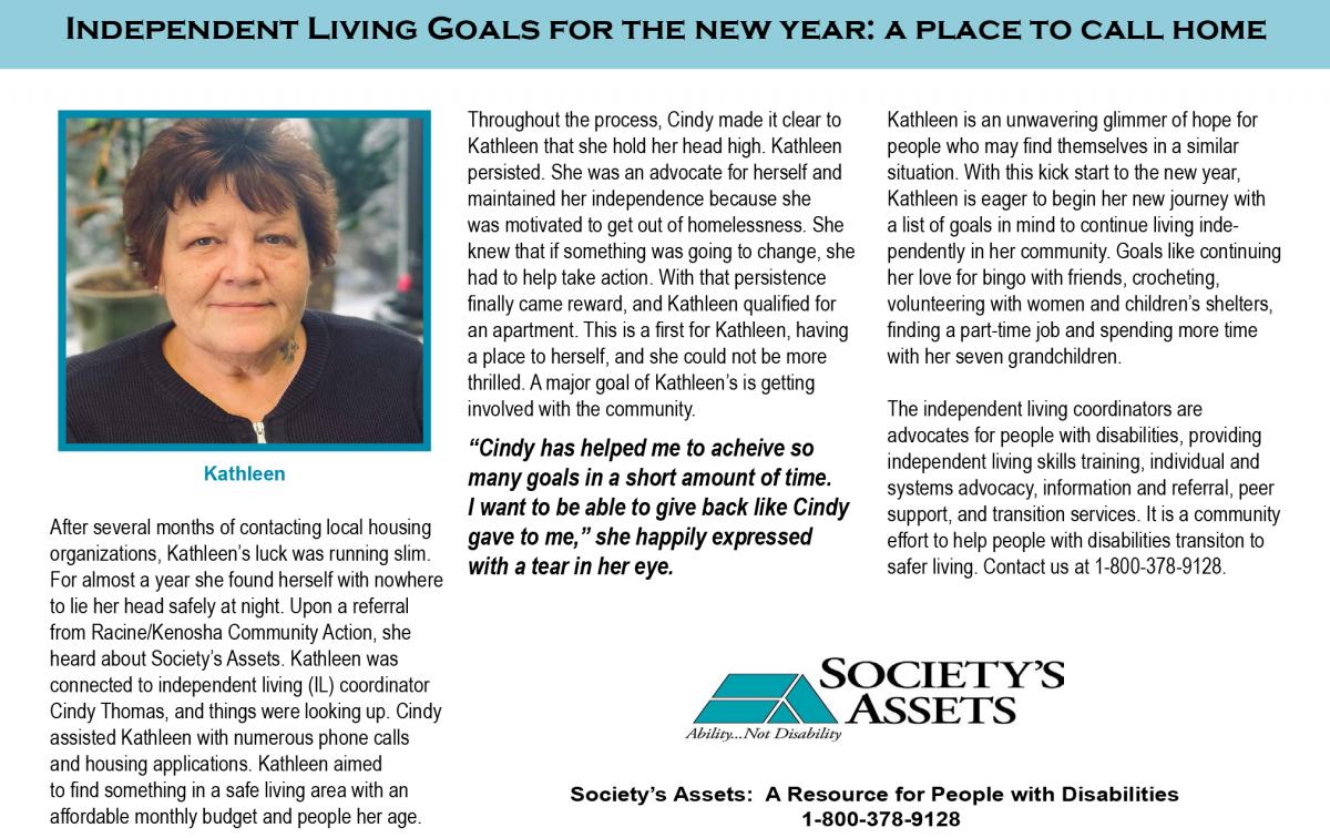 Kathleen worked with Society's Assets to meet her goal of a stable home.